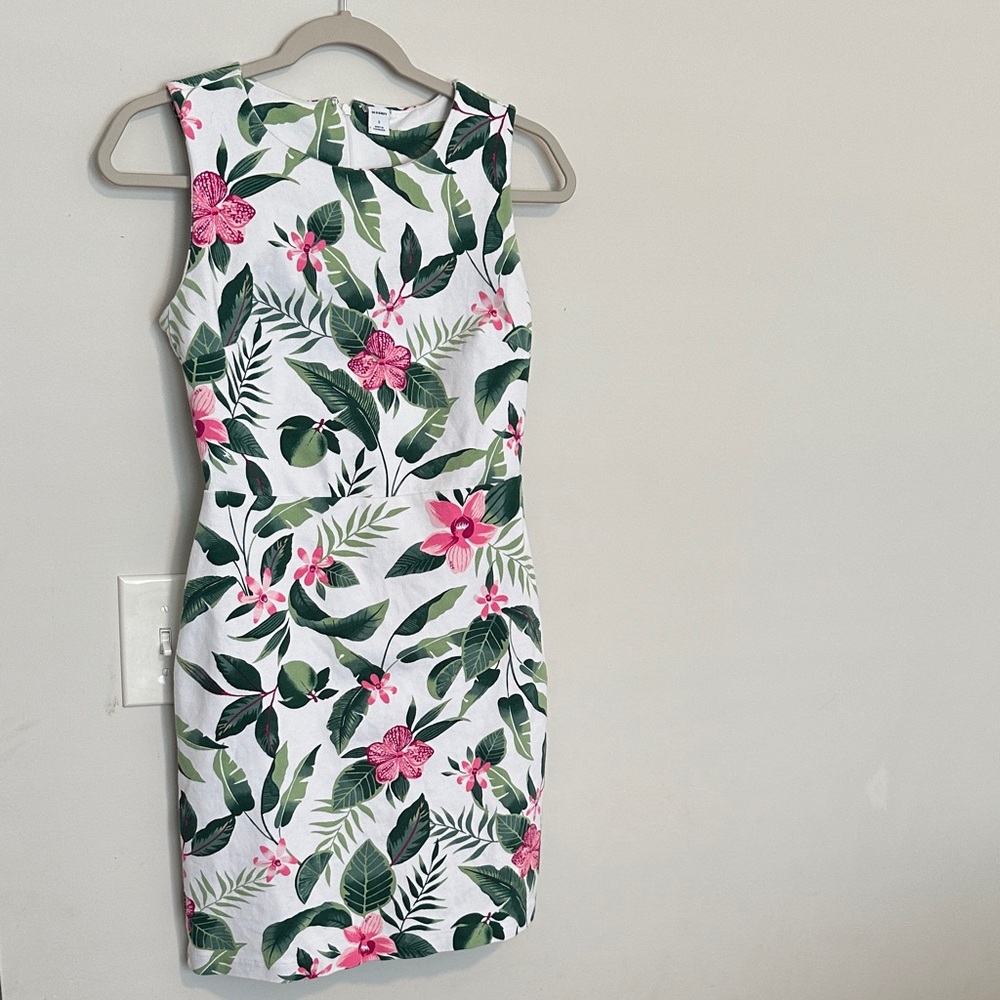 Old Navy White Mini Dress with Pink Floral and Green Leaves